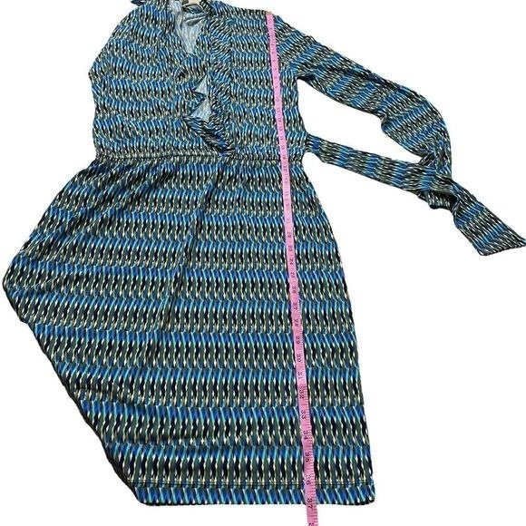CALVIN KLIEN Women's Faux Wrap Sz 4 Blue Long Sleeve Geo Print Midi Dress - Picture 14 of 15